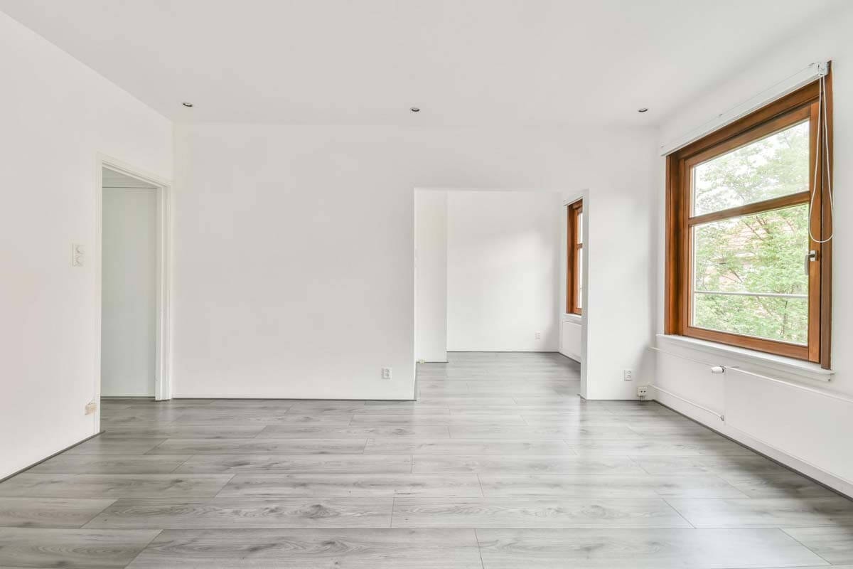 Empty, bright room with openings to adjoining rooms and a large window, white walls and light-gray grained wood flooring