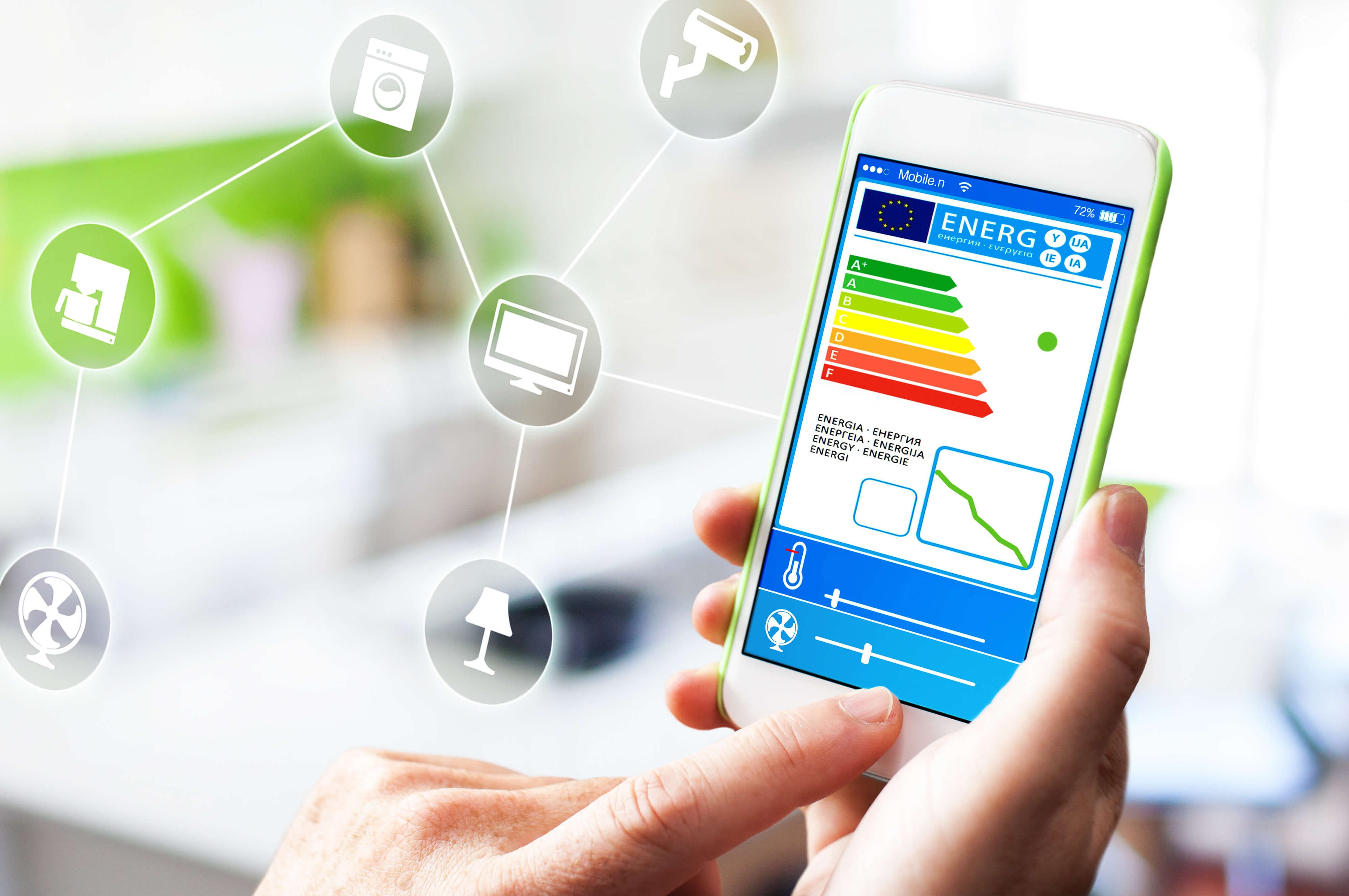 A hand holding up a phone displaying an energy performance certificate app, with schematic icons floating in front of it representing common energy consumers such as a hairdryer, TV, lamp, washing machine and fan.