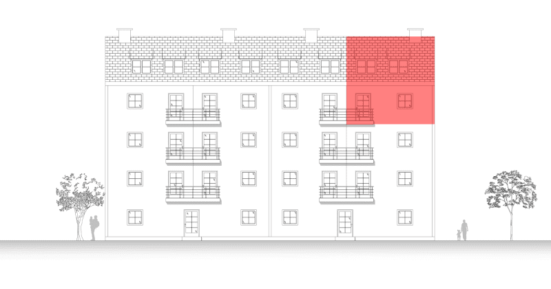 Facade view and floor plan of an apartment building with maisonette apartments and balconies