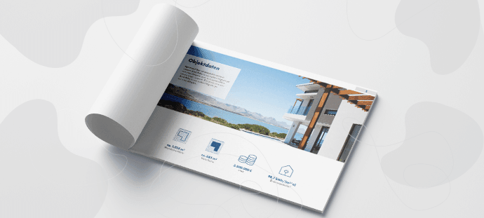 A bound, open sample property exposé in landscape format.