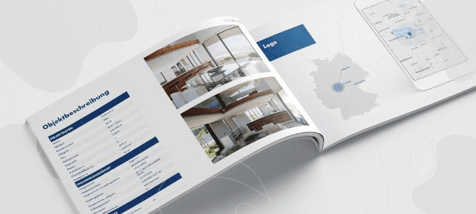 Open property exposé in landscape format showing two images of an apartment and a schematic location marker on a map of Germany.