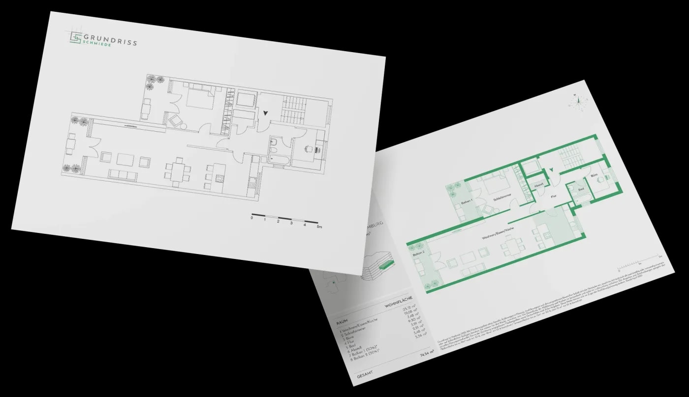 Two overlapping DIN A4 sheets, one with a floor plan and the other with a matching factsheet