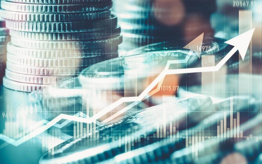 Abstract digital representation with glowing chart lines, coins and data points on a dark background as a symbol of capital investment and technology.