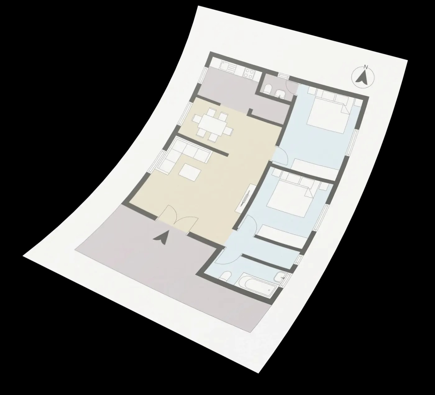 Colourful floor plan of a 3-room apartment with an open kitchen and two bathrooms, each accessible from the bedroom.