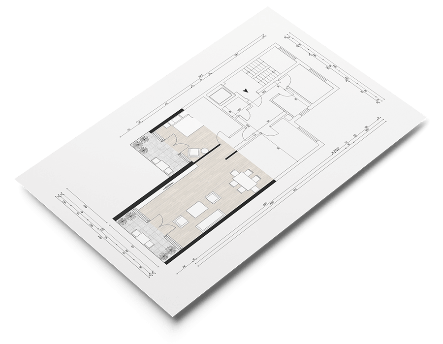Dimensioned floor plan of an asymmetrical semi-detached house, with the left half presented in a sales-optimized style.