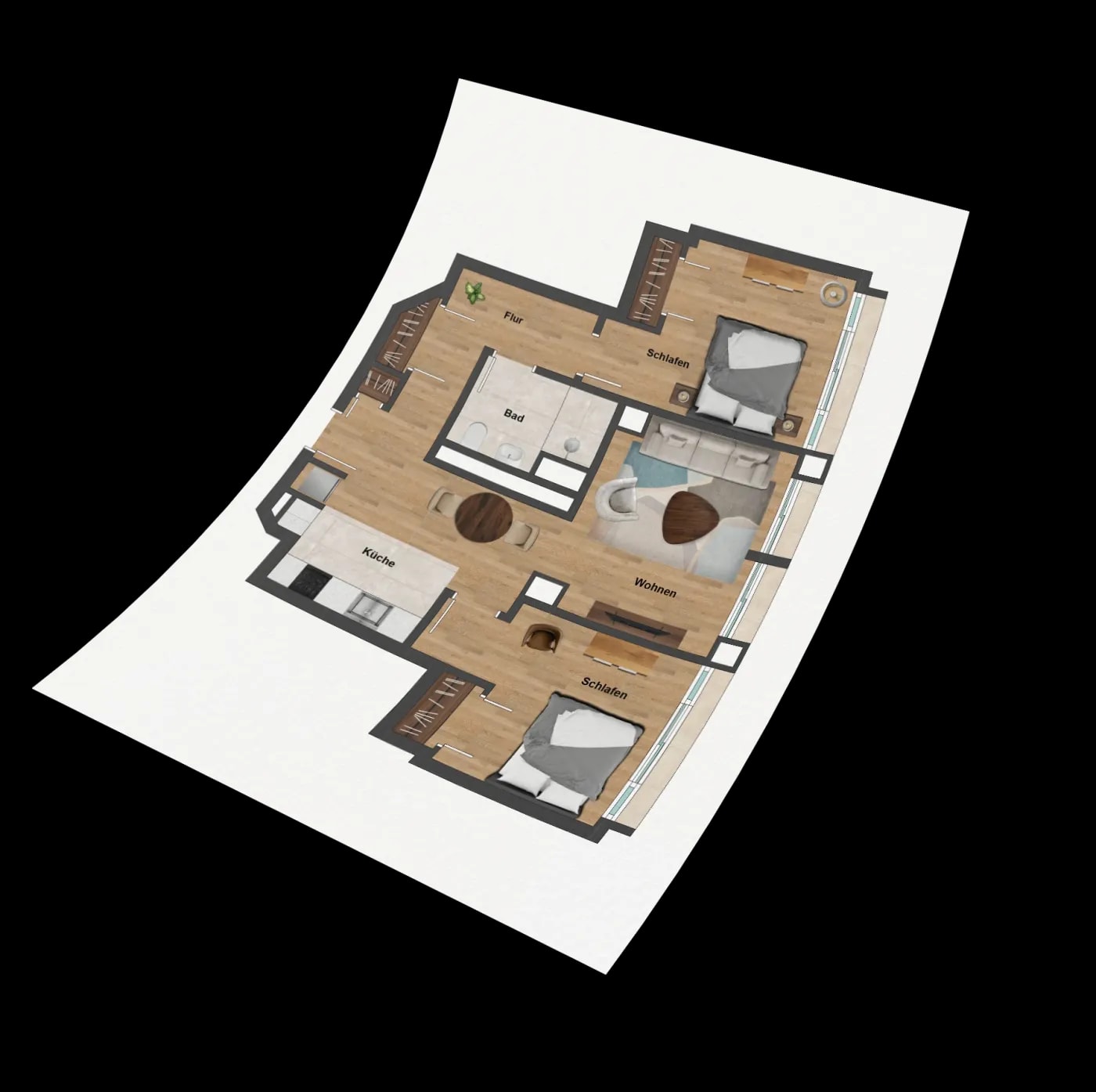 Labeled floor plan of a 3-room apartment in realistic style with an interior bathroom, open kitchen, various built-in wardrobes, and a window front along the rooms