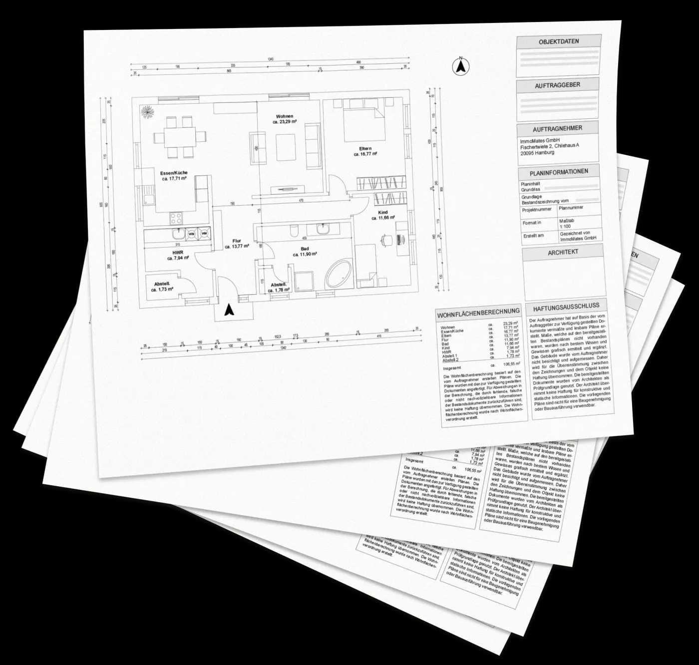 Four overlapping floor plans with a dimensioned floor plan of a 3.5-room apartment showing detailed specifications on top.