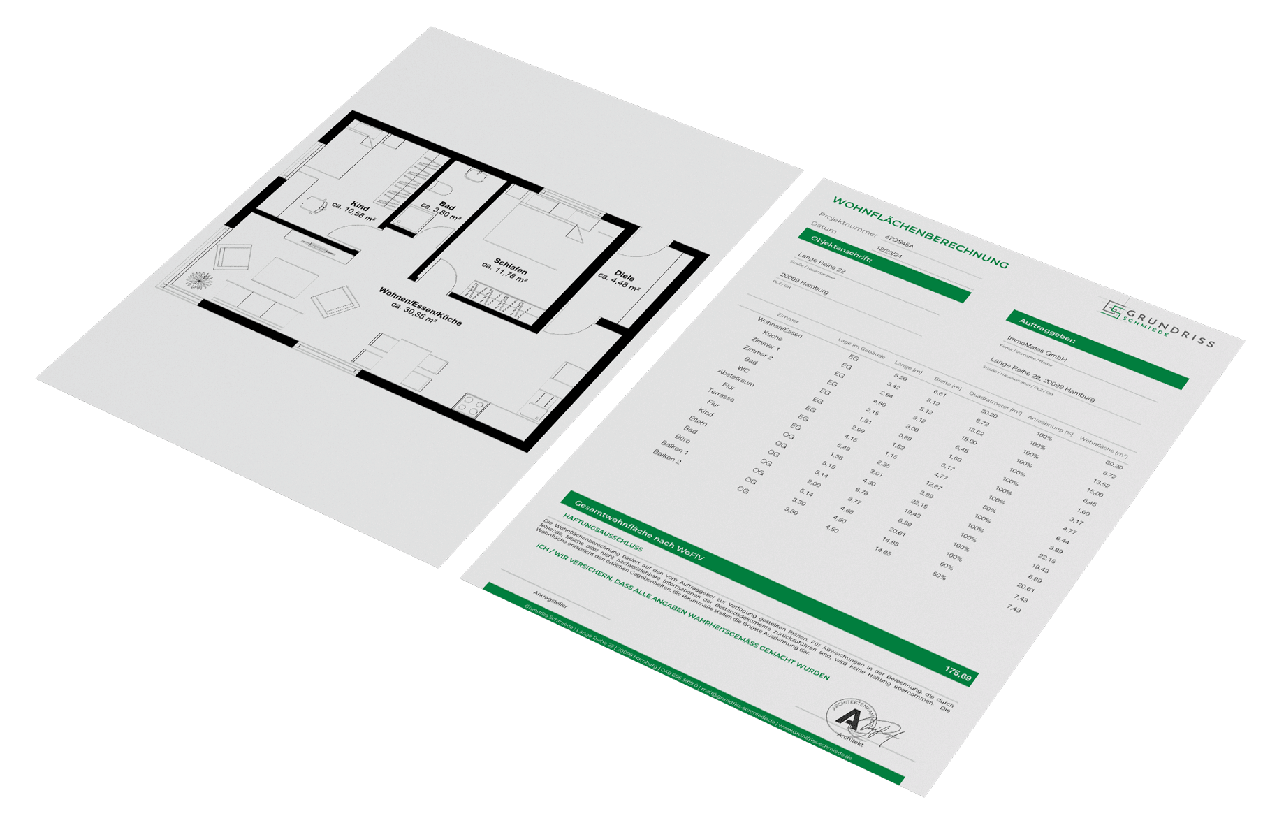 A black-and-white floor plan with furnishings and room labels showing floor areas, next to a tabular living space calculation from Grundriss Schmiede