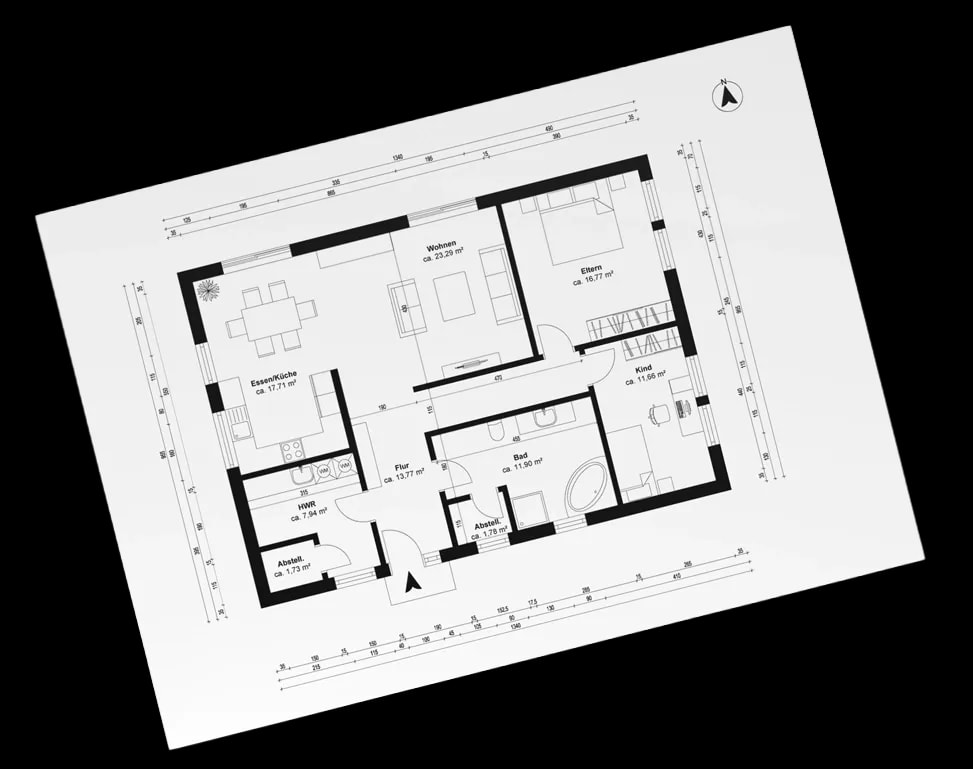 Dimensioned floor plan of a 3-room apartment with an open kitchen, combined living and dining area, and a separate utility room