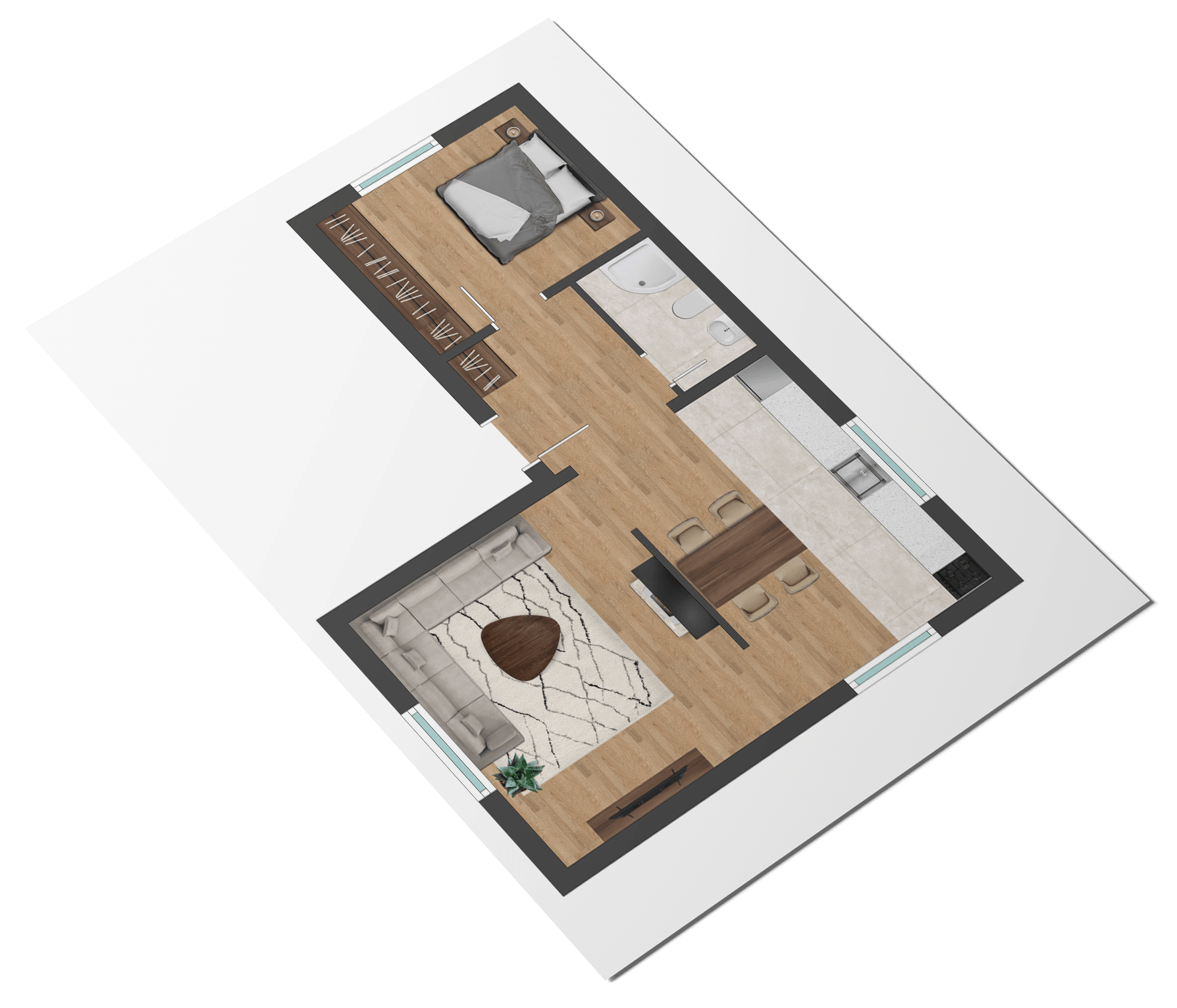 Modern, colourful floor plan of a 2-room apartment with an open living and kitchen area.