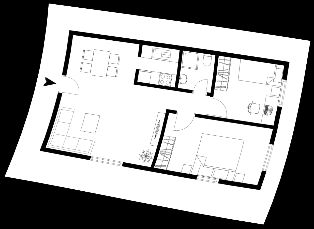 Plain floor plan of a 3-room apartment with a combined living and dining area.