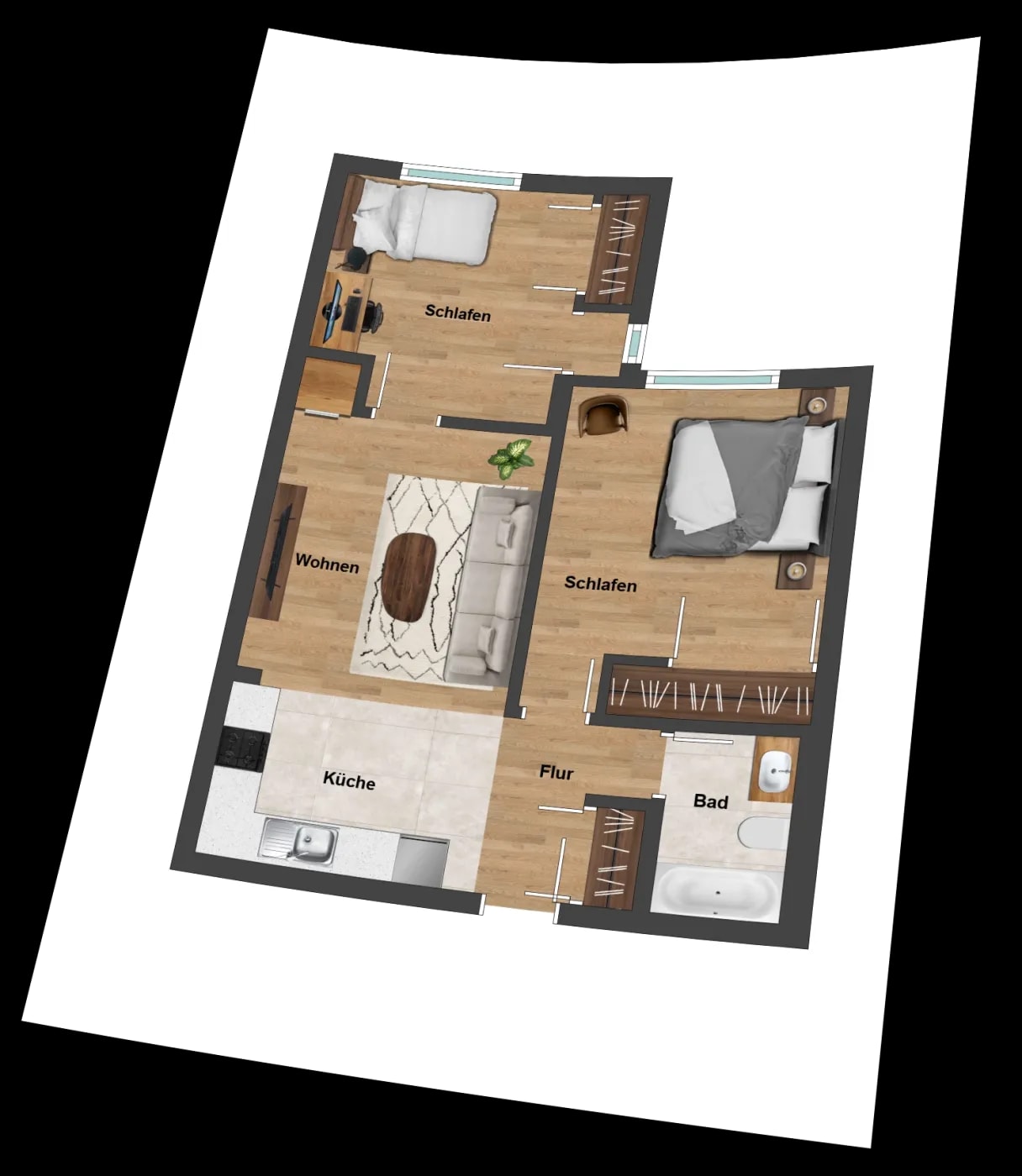 Modern, colourful floor plan of a 3-room apartment.