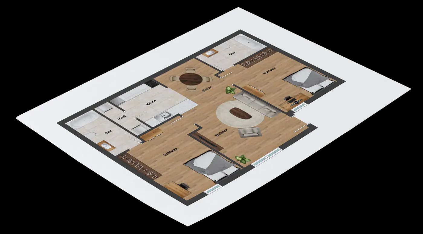 Modern floor plan of a 3-room apartment with an open kitchen and two bathrooms with a bathtub