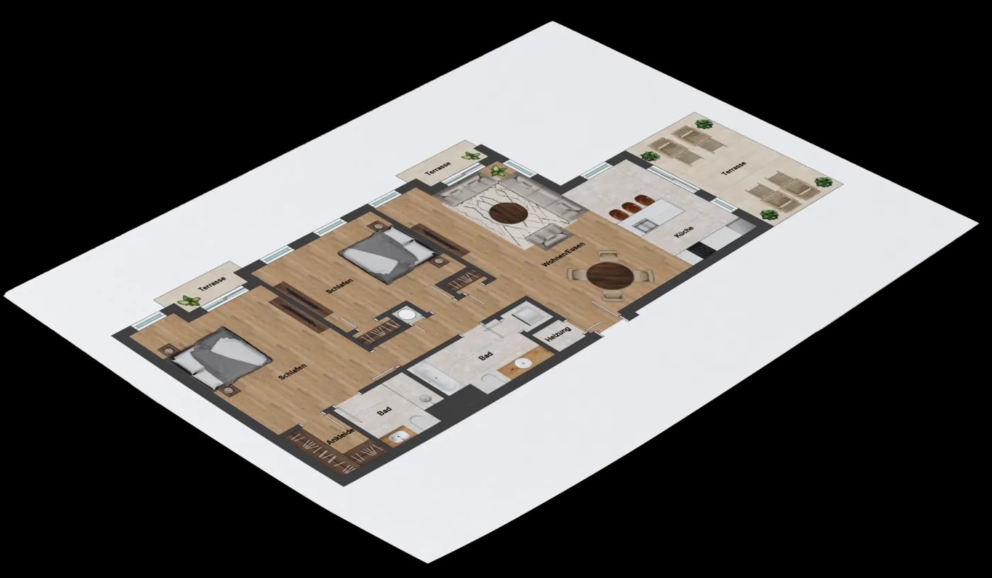 Modern floor plan of a 3-room apartment with a terrace, open kitchen, combined living and dining area, and two bathrooms