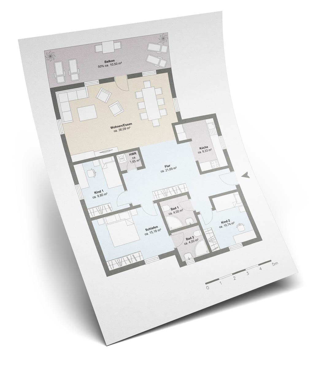 Floor plan of a 4-room apartment with a spacious dining and living area and an adjacent balcony.