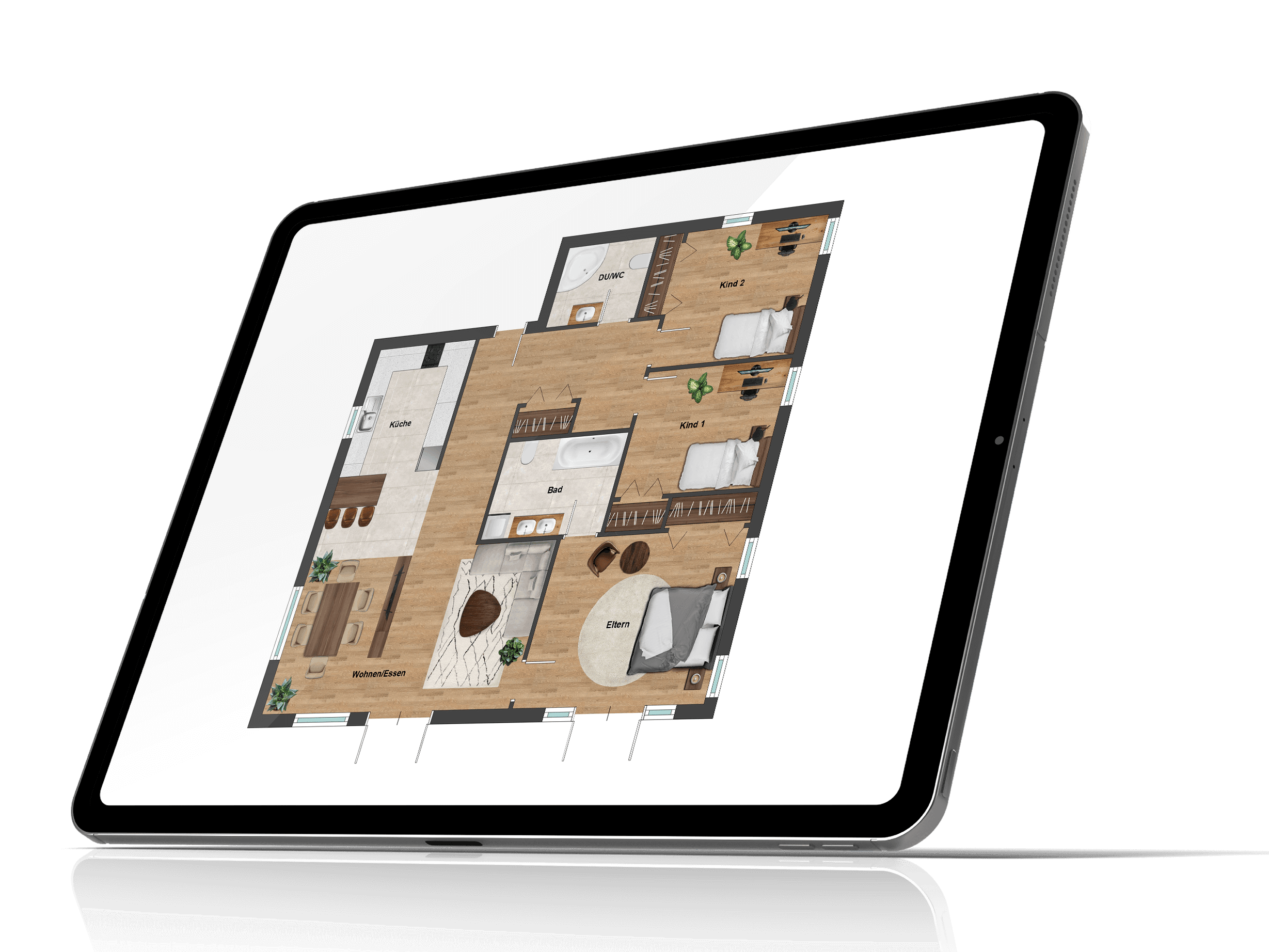 Colour floor plan on a tablet of a 4-room apartment with an internal bathroom, shower-WC and balcony or patio doors on the bedroom and living room.