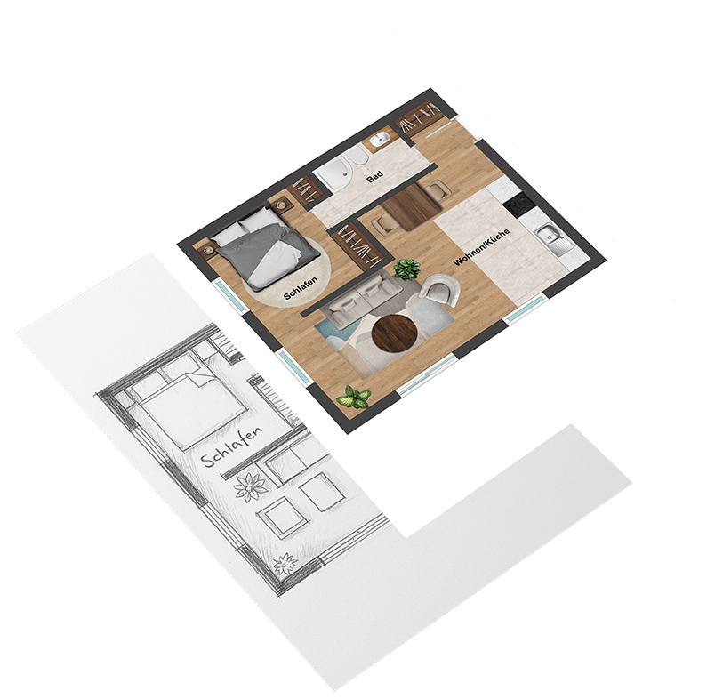 Zwei überlappende Grundrisse, der untere als Bleistiftzeichnung, der obere moderne zeigt ein 1,5-Zimmer Appartment mit einem offenen Wohn- und Küchenbereich.