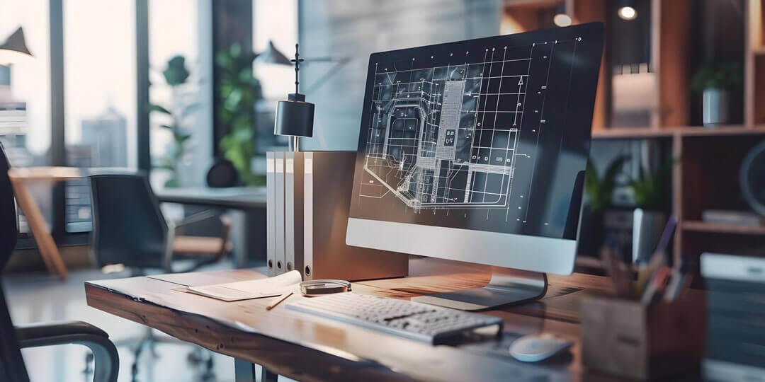 Wooden desk in an office with shelving unit, binders and a PC whose monitor shows a 3D facade drawing of a building with a central passageway.