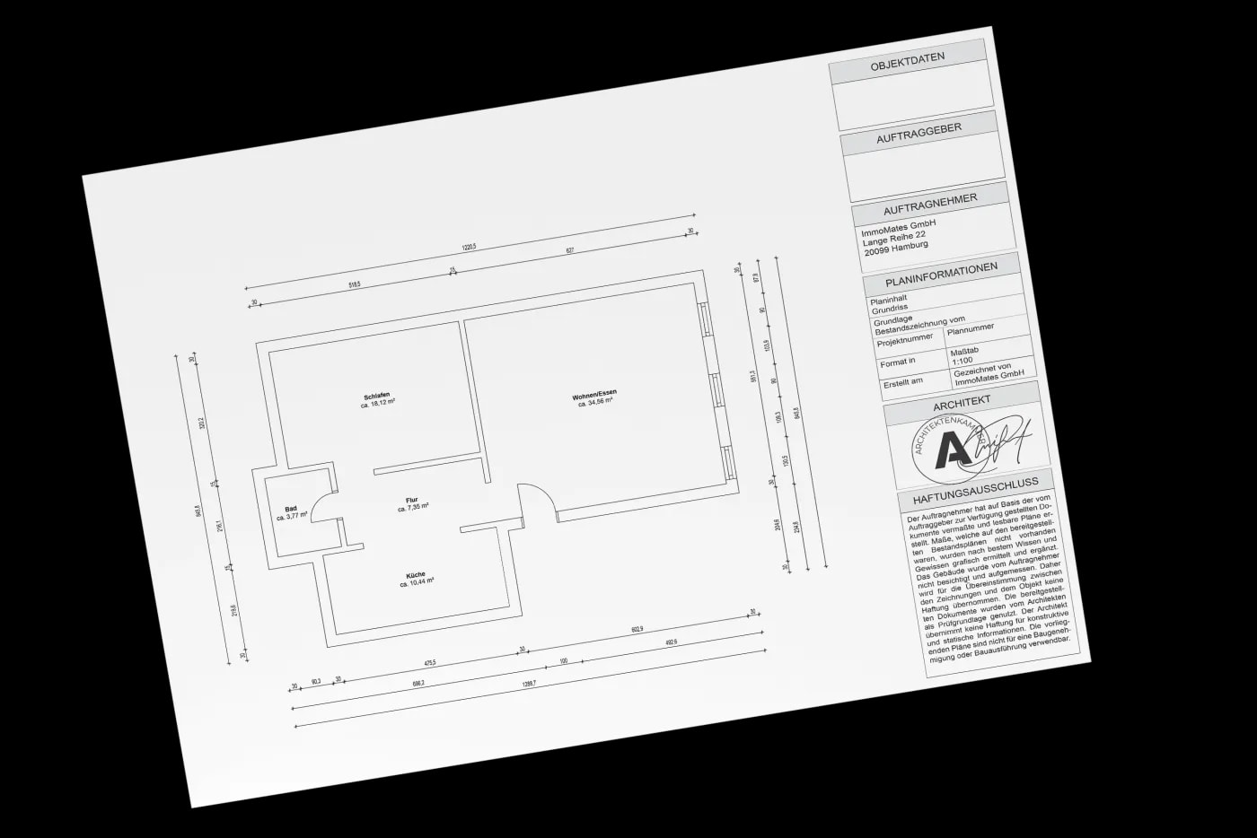 Technical floor plan of an apartment with dimensions and architect's stamp from ImmoMates GmbH
