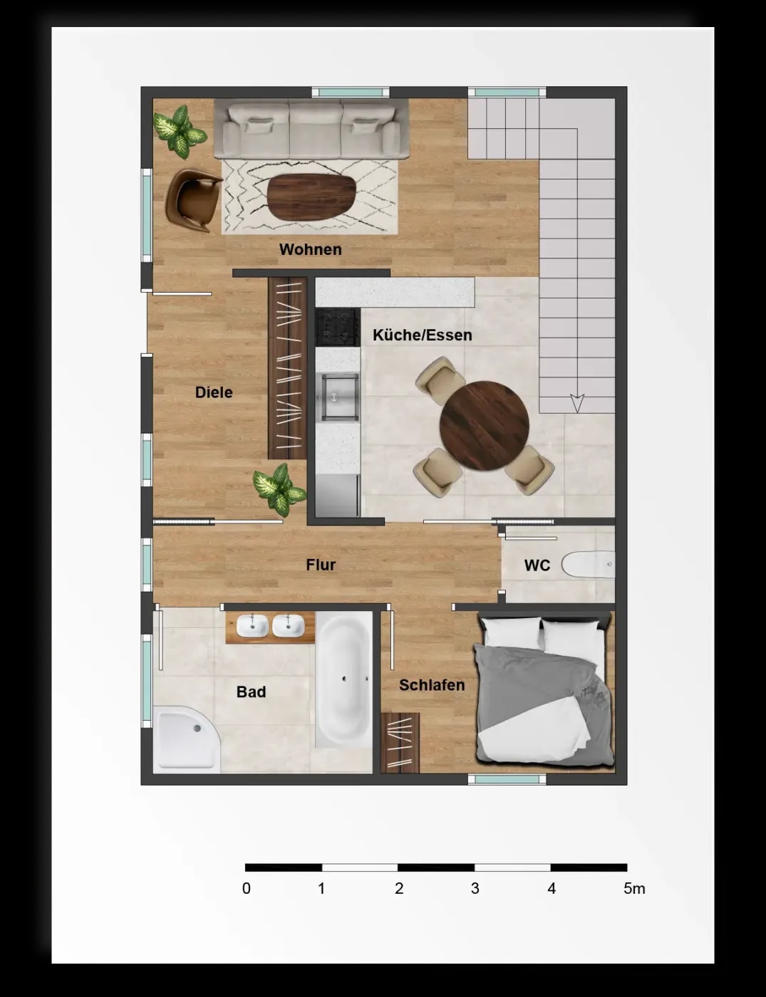 Top-down view of a modern, coloured floor plan with 3D furnishings of the ground floor of a single-family home with an open kitchen and open living area.