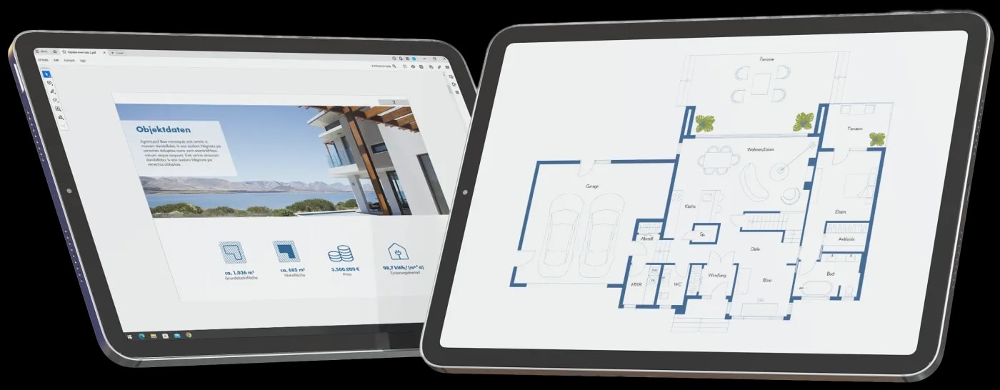 Zwei Tablets in Schrägansicht überlappend, das linke zeigt einen Ausschnitt aus einem Expose und das rechte den Grundriss eines Einfamilienhauses mit Garage, Terrasse und kombiniertem Wohn-, Ess- und Küchenbereich.