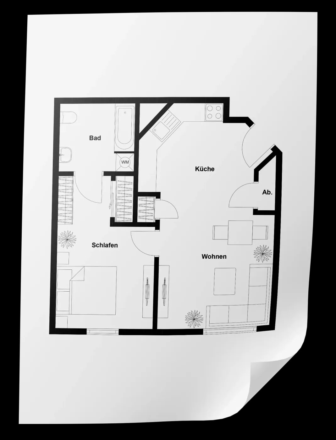 Floor plan of a 1.5-room apartment with a large kitchen including entrance area and the bedroom as a passthrough room to the bathroom.