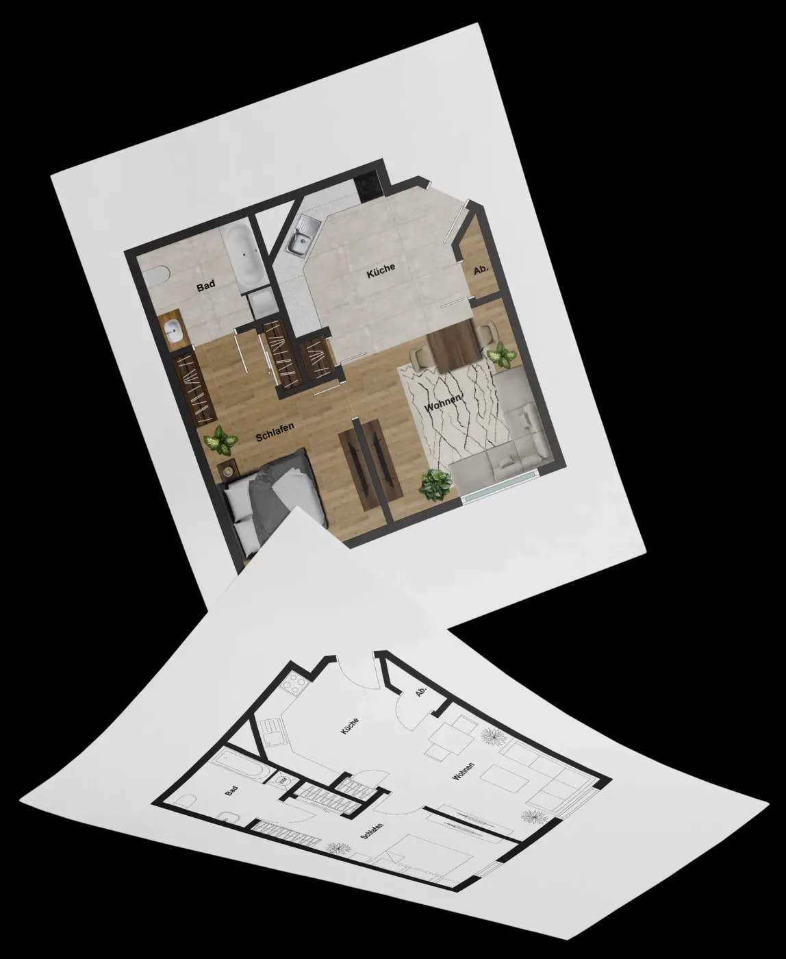 Zwei verschiedene Ausführungen desselben Grundrisses in klassisch und modernem Design.