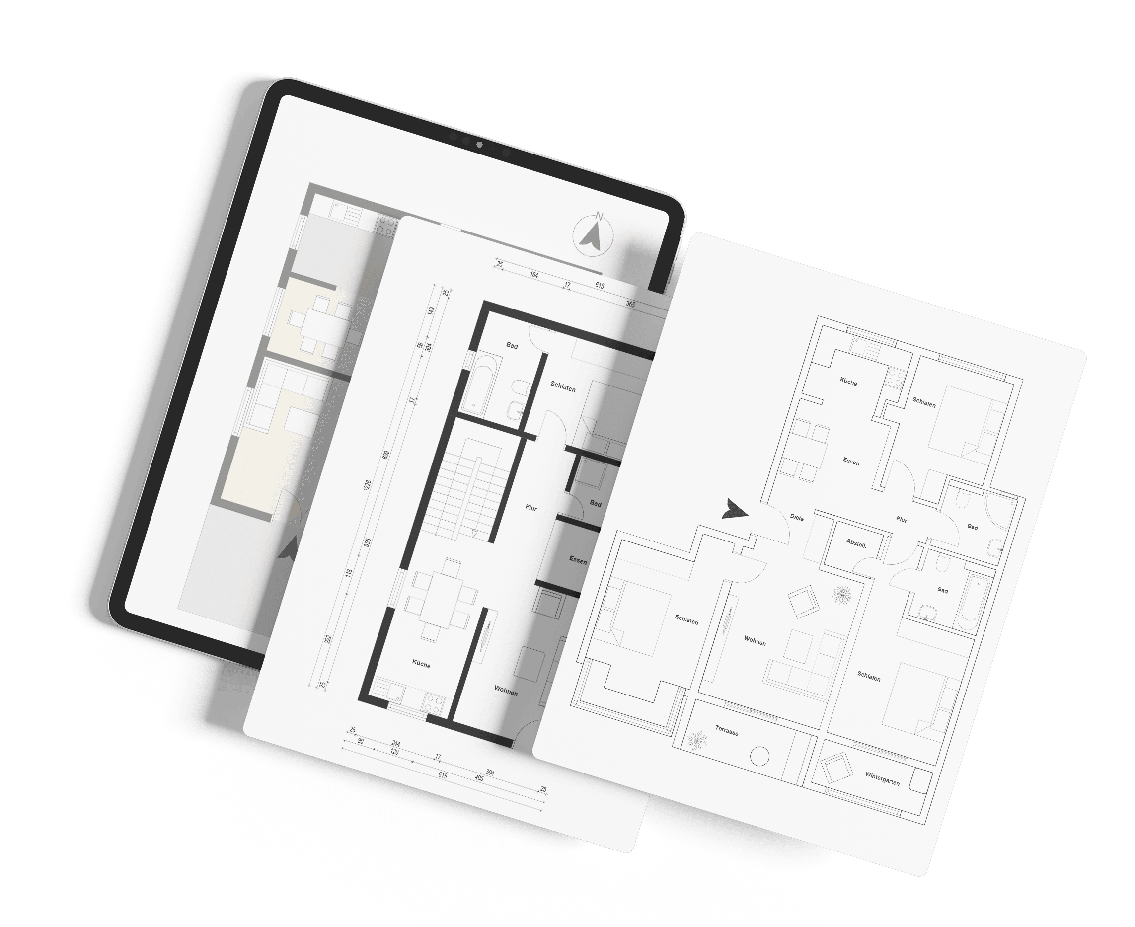 Three different floor plans overlapping: the bottom one in colour on a tablet, above it a dimensioned plan, and on top a black-and-white floor plan of a 4.5-room apartment with balcony, open kitchen and two bathrooms.