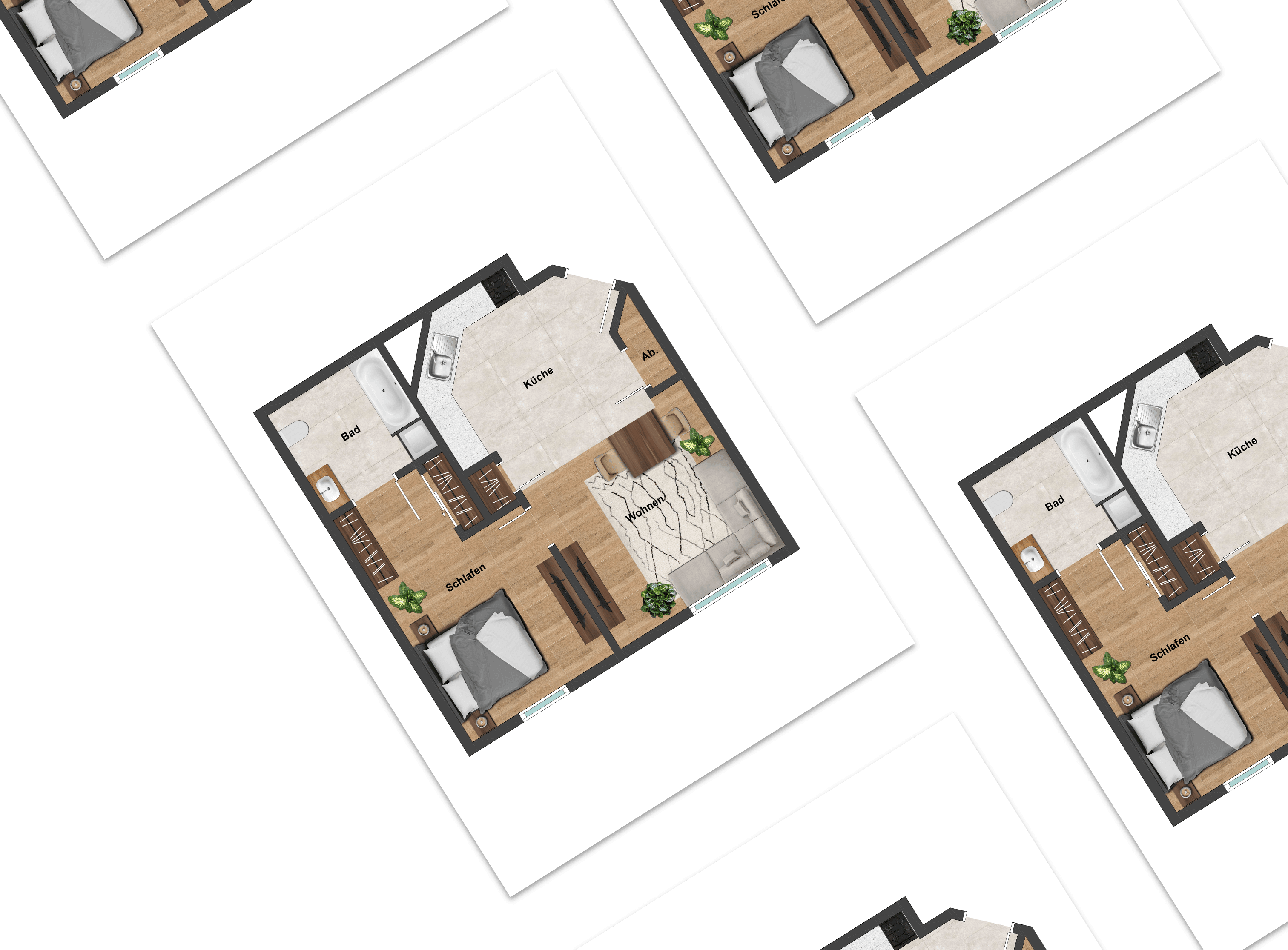Angled view of several identical modern floor plans.