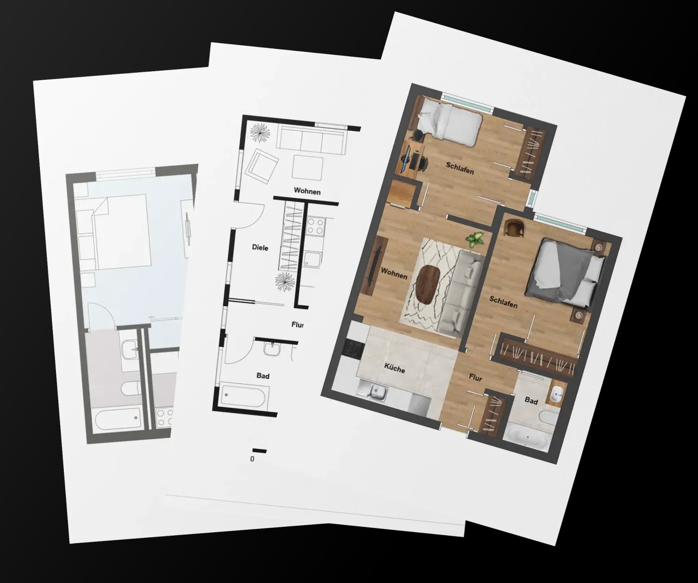 Three different overlapping floor plans, the top one in colour showing a 3-room apartment with an open kitchen leading to the living room.