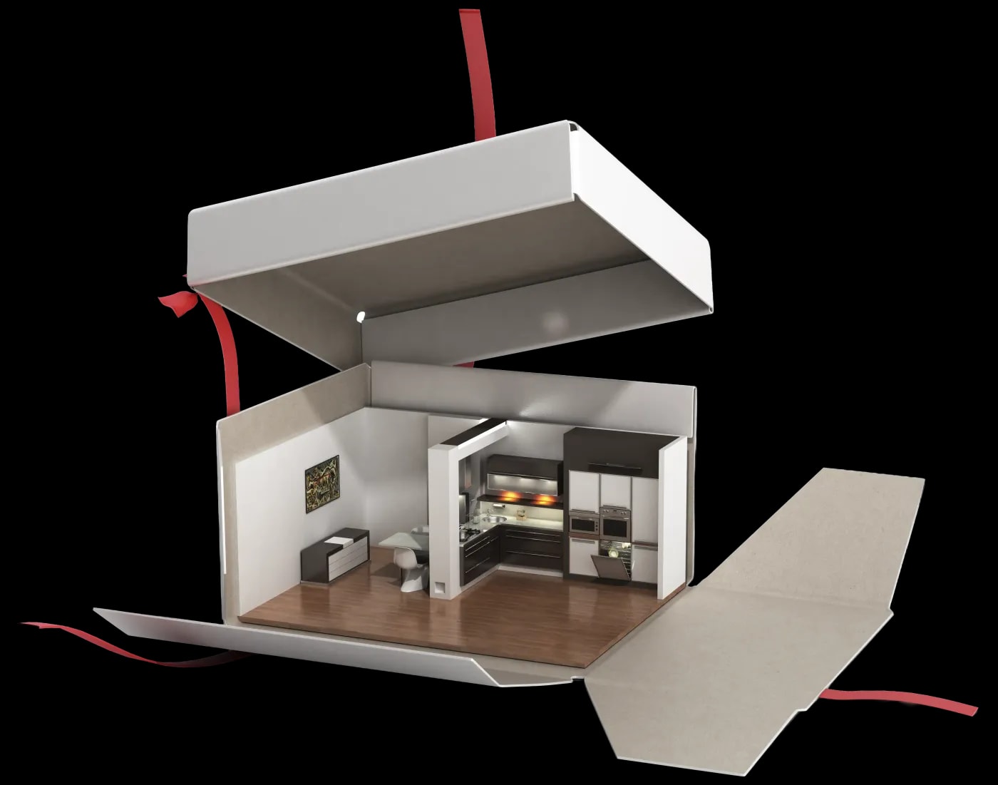 A virtual, opened gift box showing a 3D miniature representation of a kitchen with an L-shaped kitchen unit and a dining nook next to it in the hallway