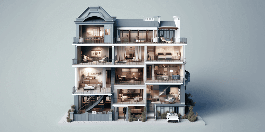 3D model of a multi-story apartment building with a car parking bay and greenery