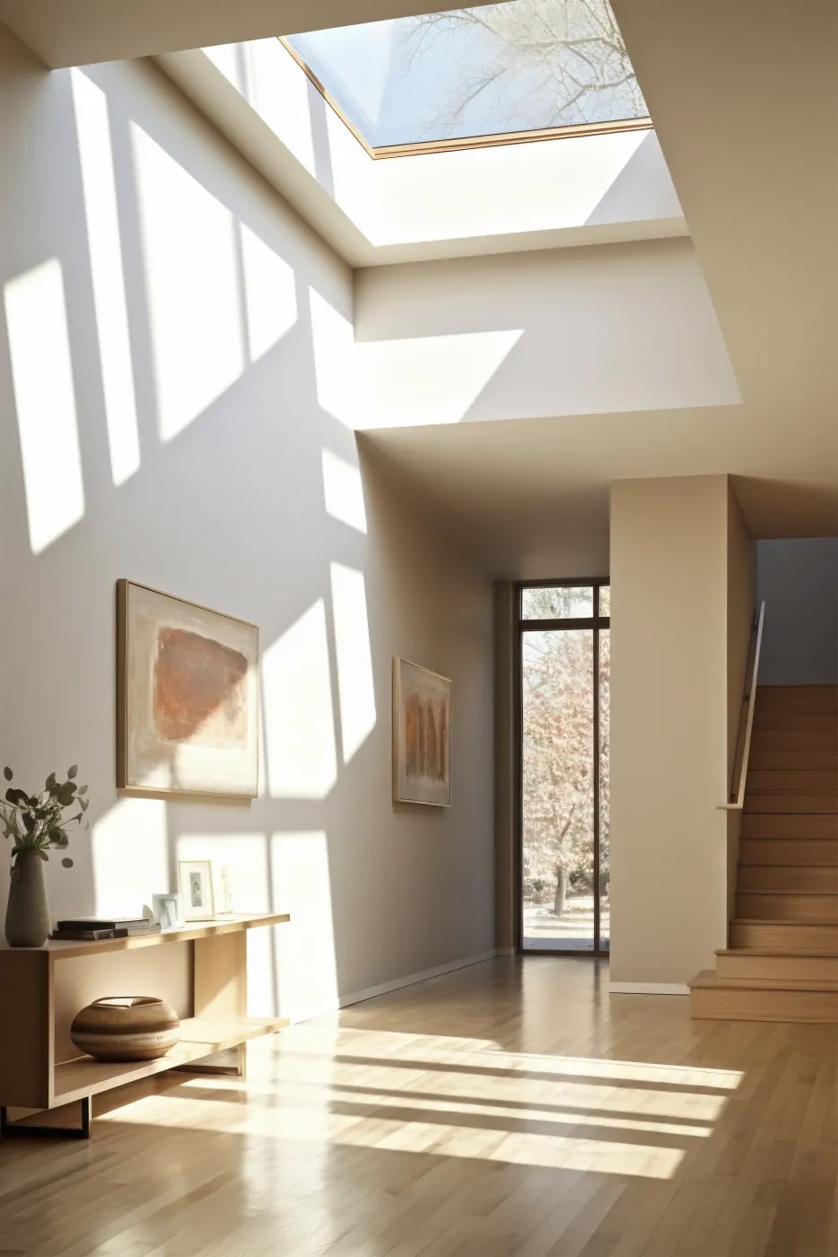 View from below of a large skylight in a flat roof