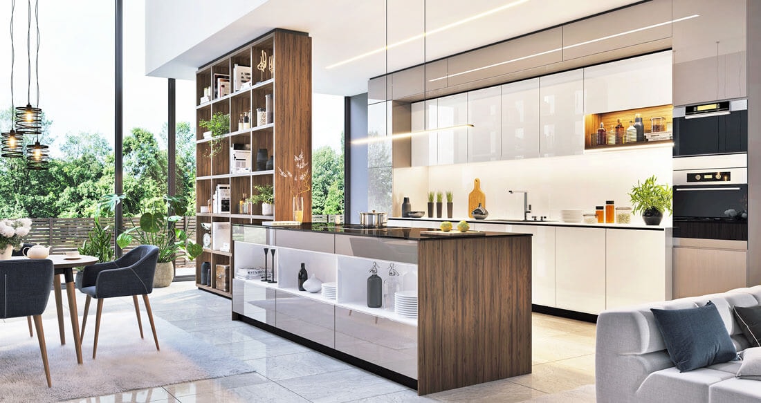 High-end open kitchen with a dark island counter, tall wooden shelving unit, white gloss fronts and integrated appliances; dining table with chairs and terrace visible through panoramic windows.