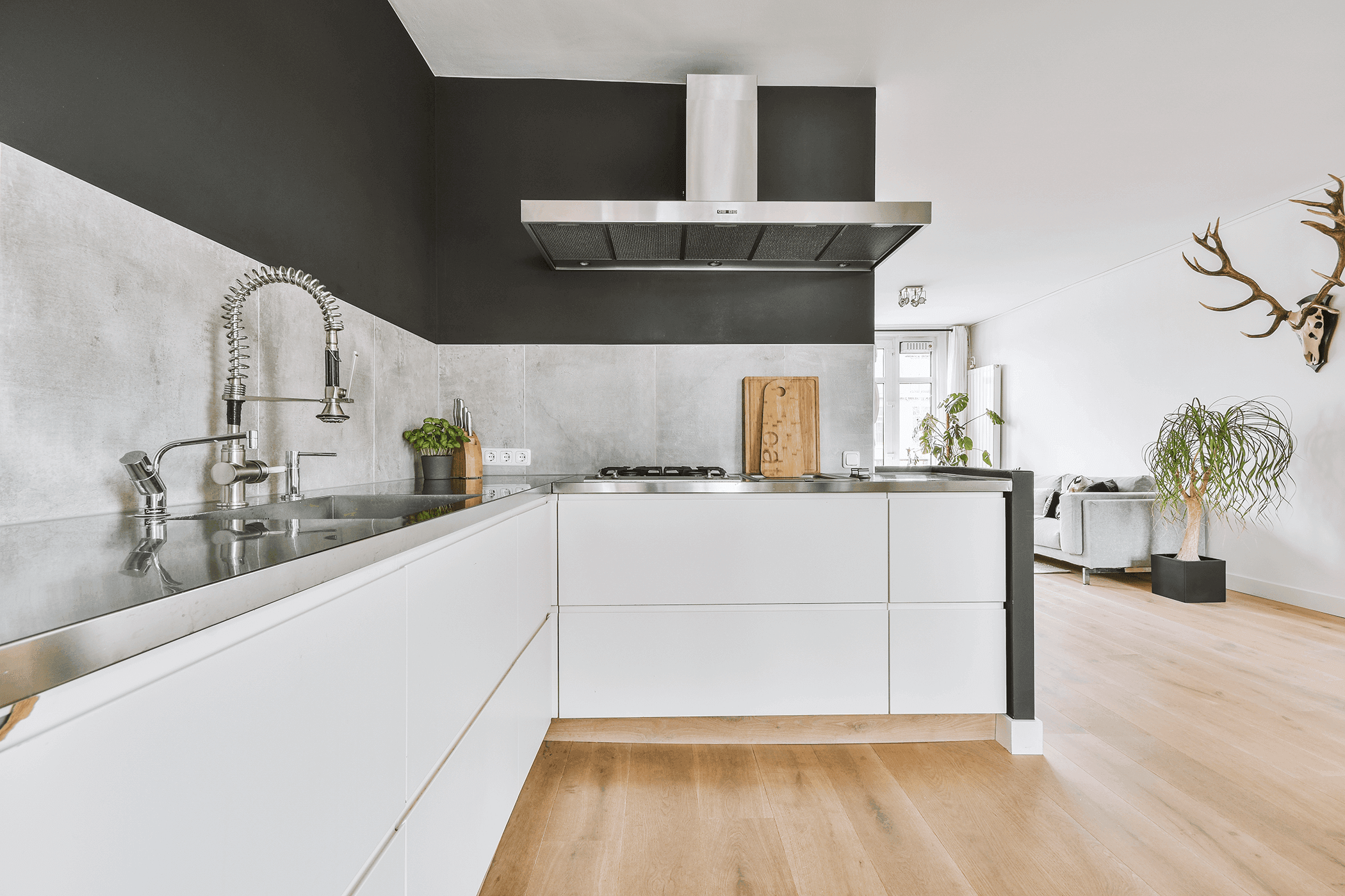 Modern kitchen with white fronts, stainless steel worktop and extractor hood, dark wall finish and wooden floor.