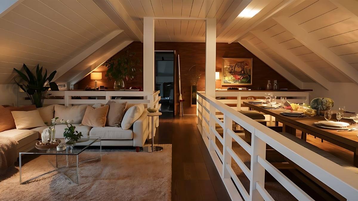An atmospherically lit attic living room with a cream corner sofa and glass coffee table on the left; on the right a white wooden balustrade running alongside a formally laid dining table with dark wood parquet and a painting on the wood-panelled wall.