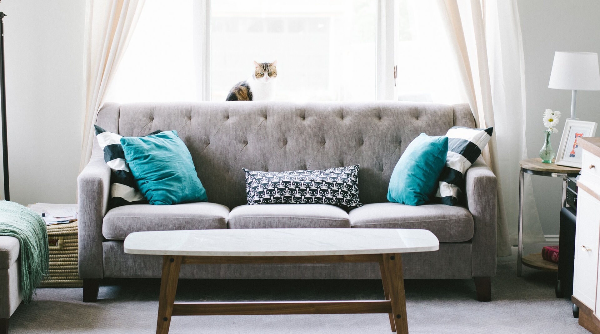 Front view of a light grey three-seater sofa with a coffee table in front and an equally wide three-panel window on the wall behind.