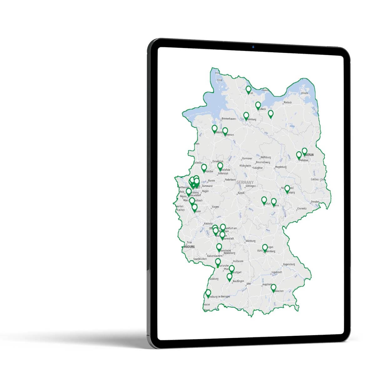 Tablet displaying a schematic map of Germany with several scattered, marked locations
