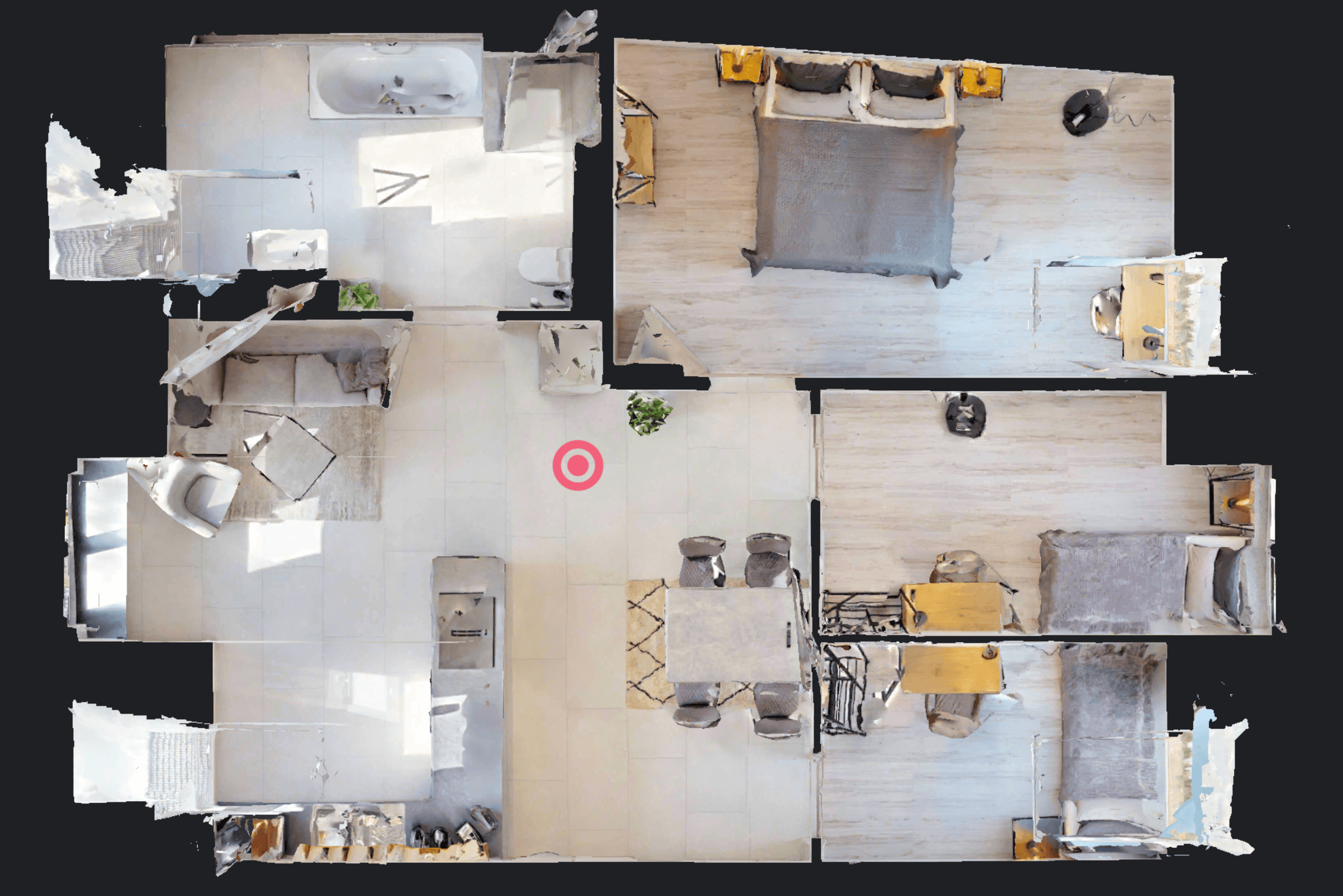 Top-down view of a modern 3D representation of a 4-room apartment with an open kitchen, clearly showing an angled exterior wall