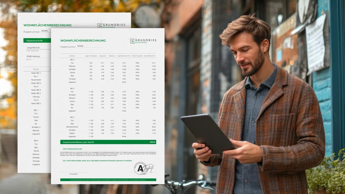 A man stands in front of a house looking at something on a tablet, with a two-page living space calculation for an apartment building floating over the image to the left