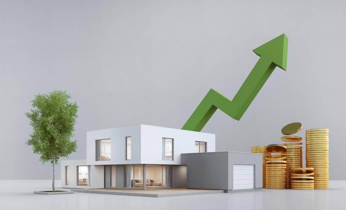 Stylised 3D infographic of a flat-roofed house with a jagged green arrow pointing steeply upwards, a tree to the left and a stack of coins to the right.