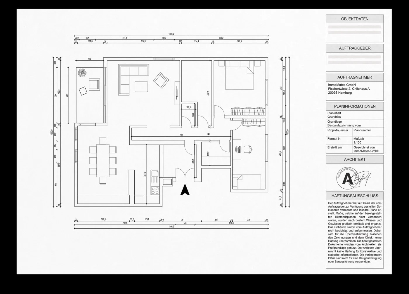Dimensioned floor plan of a 5-room apartment with details and architect's stamp.