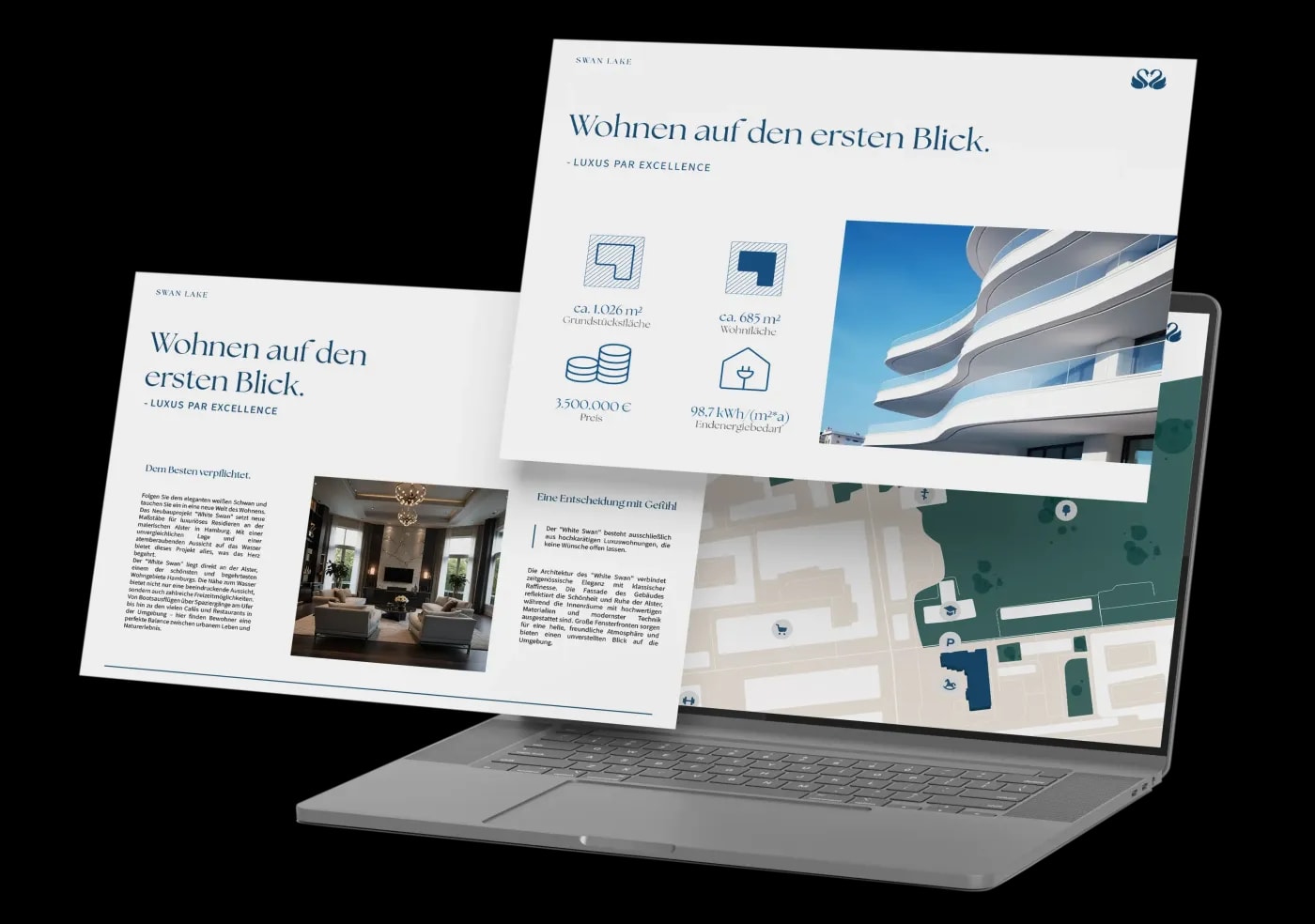 Zwei Factsheets zum Projekt 'Swan Lake' schweben überlappend in der Luft ('Wohnen auf den ersten Blick') über einem Tablet, auf dem ein Umgebungsplan erkennbar ist.