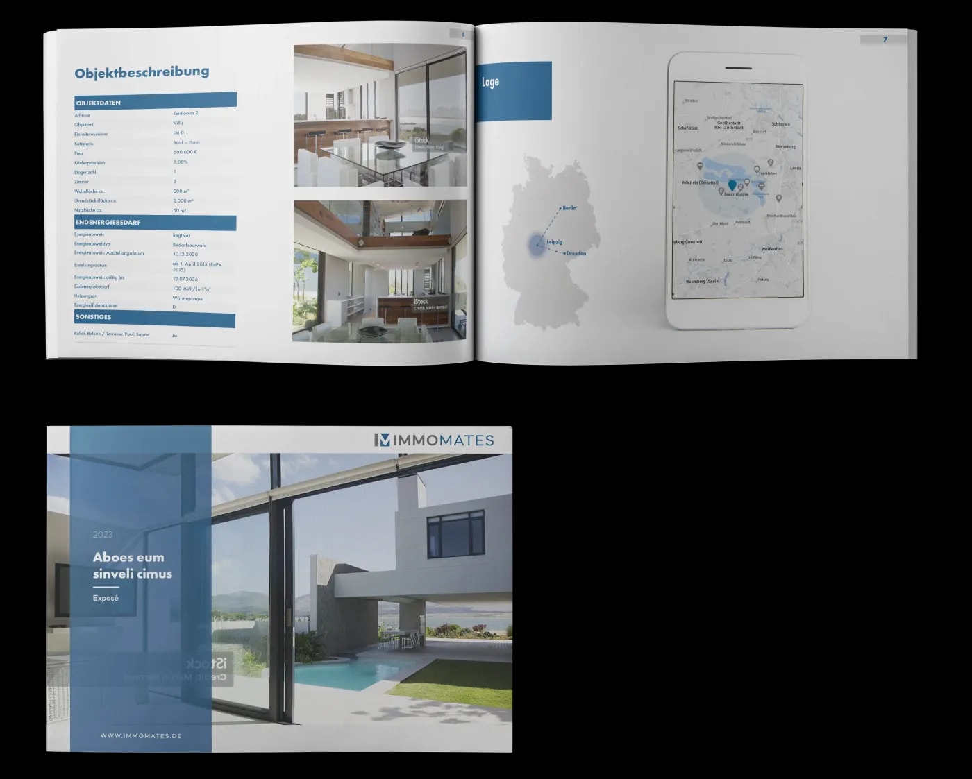 Two real estate prospectuses – one open showing property details, photos and location map, one as a cover page featuring a modern detached house