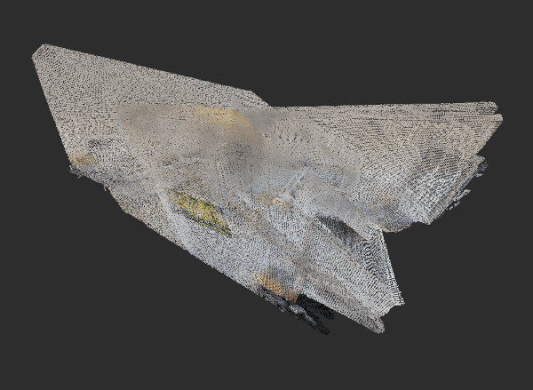 Side view of a Matterport point cloud of an upper floor with a staircase and gallery