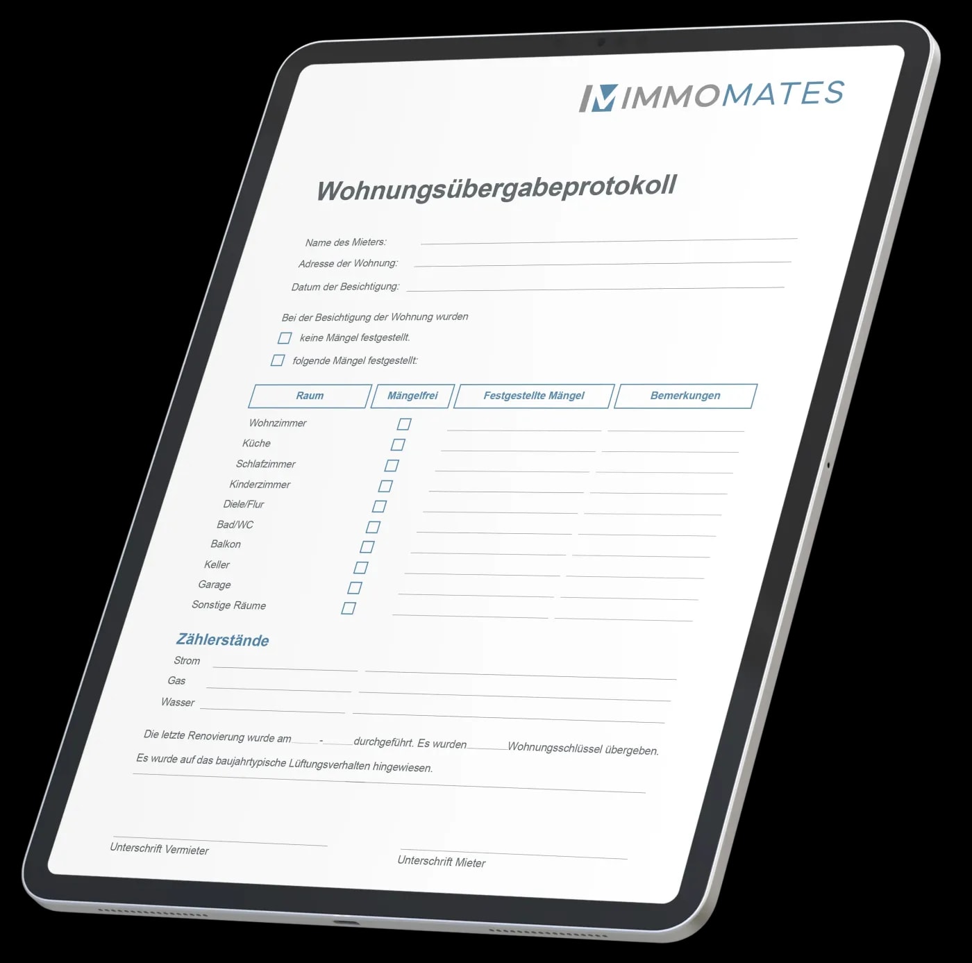 Angled view of a partially upright tablet displaying a tabular property handover protocol from IMMOMATES GmbH.