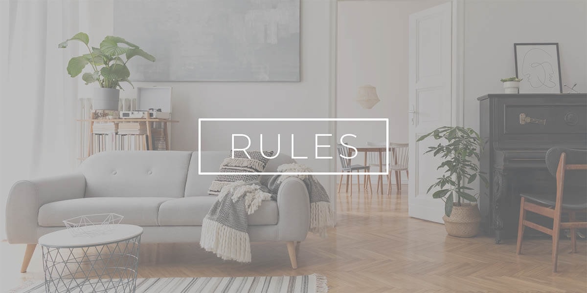 View of a room with a light sofa and piano on the right, with a pale filter overlay and the text 'Rules'.