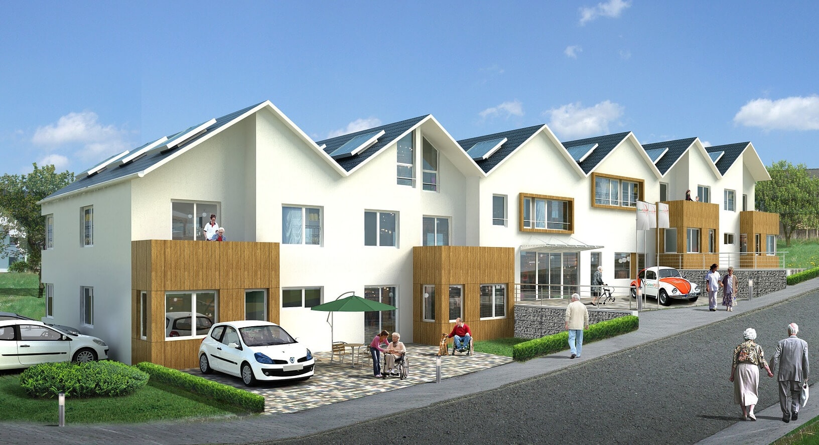 Modern terraced house with a timber-clad projecting section, a balcony above the projection and a natural stone paved terrace, with green plant accents on the building.