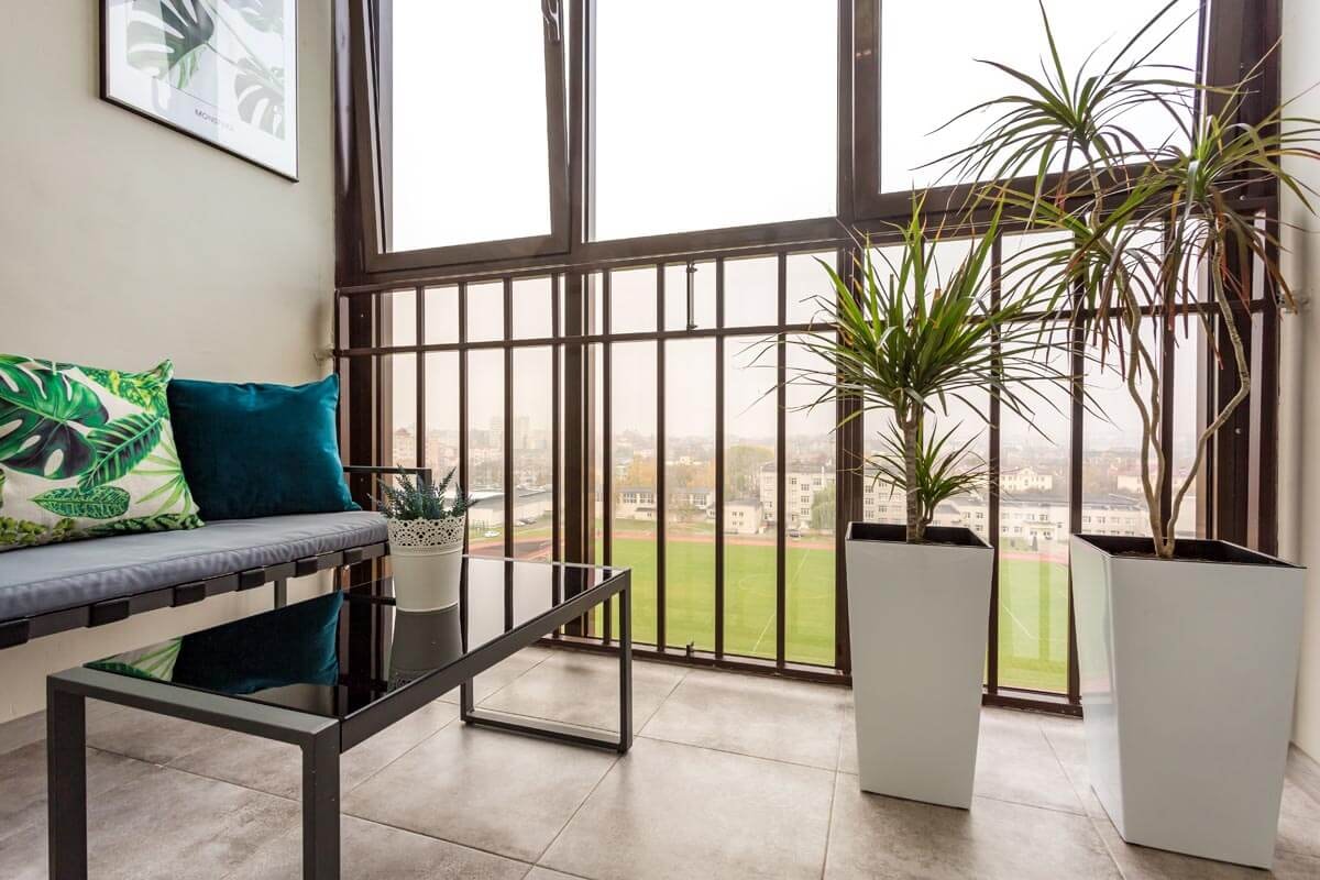 View from a glazed balcony past a seating area with a low table and yucca palms, out onto a cityscape with high-rise buildings and green space