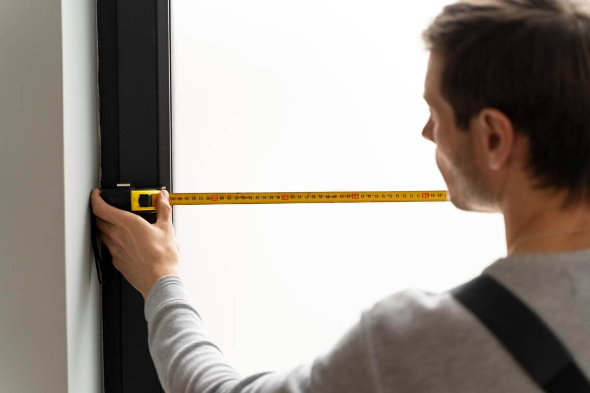 A construction worker is seen from behind measuring a window with a tape measure